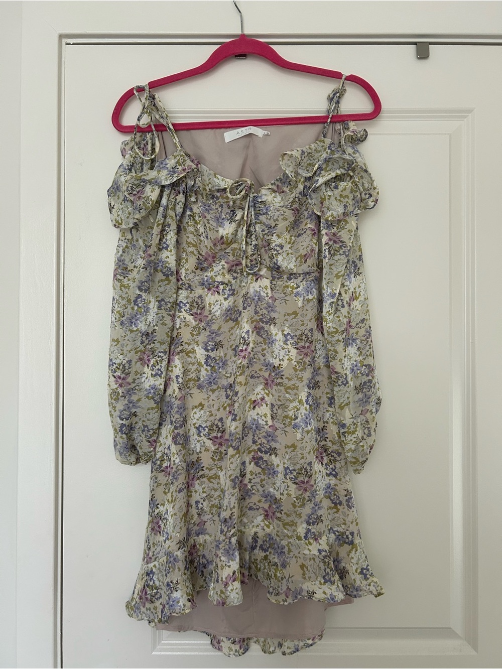 ASTR Floral Off-Shoulder Mini Dress in Light Green